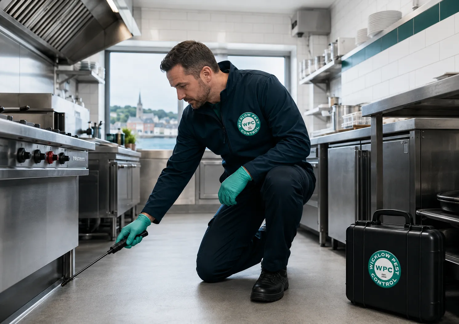 A PMU-certified technician performing commercial pest control inside a restaurant kitchen in Wicklow Town.