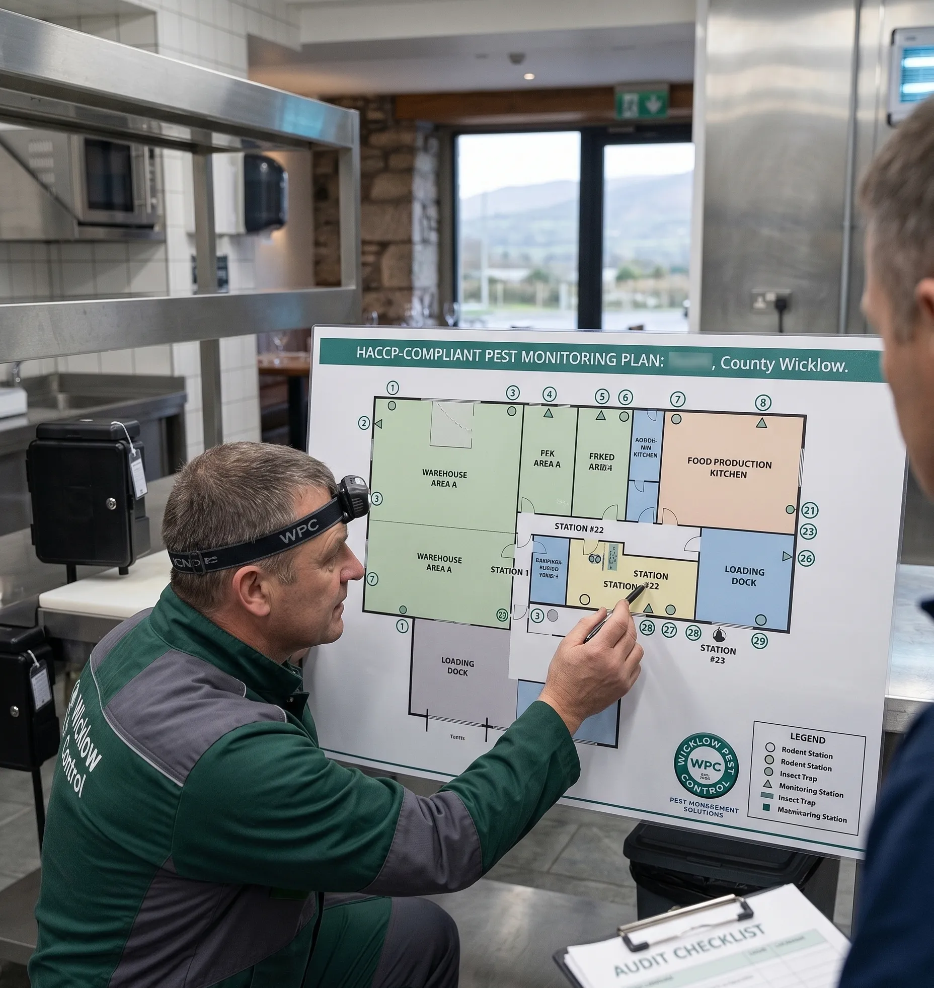 A numbered pest monitoring station map used during an EHO audit in County Wicklow.