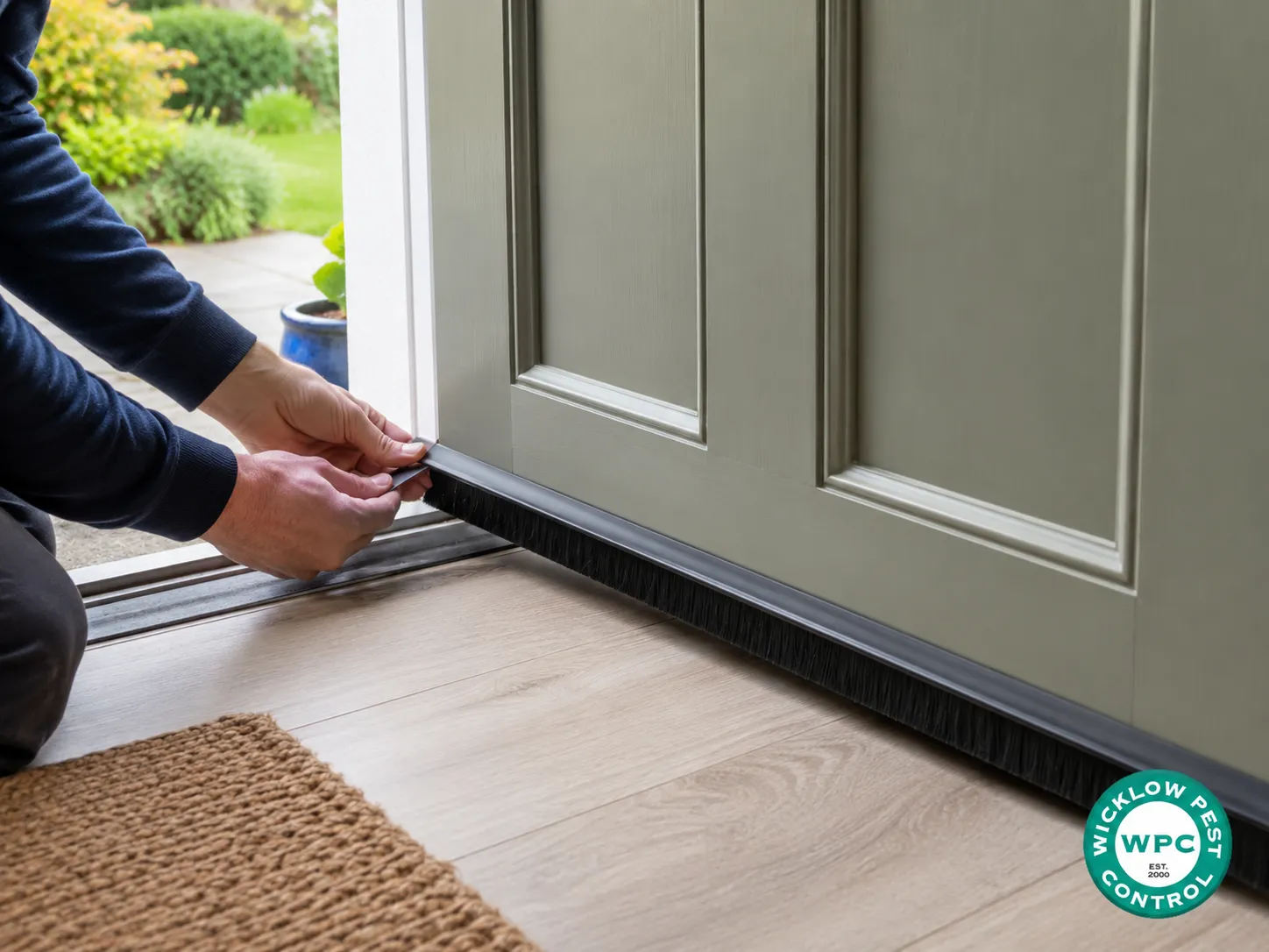 A homeowner installing door brush strips to demonstrate how to stop mice coming into house doors in Wicklow.