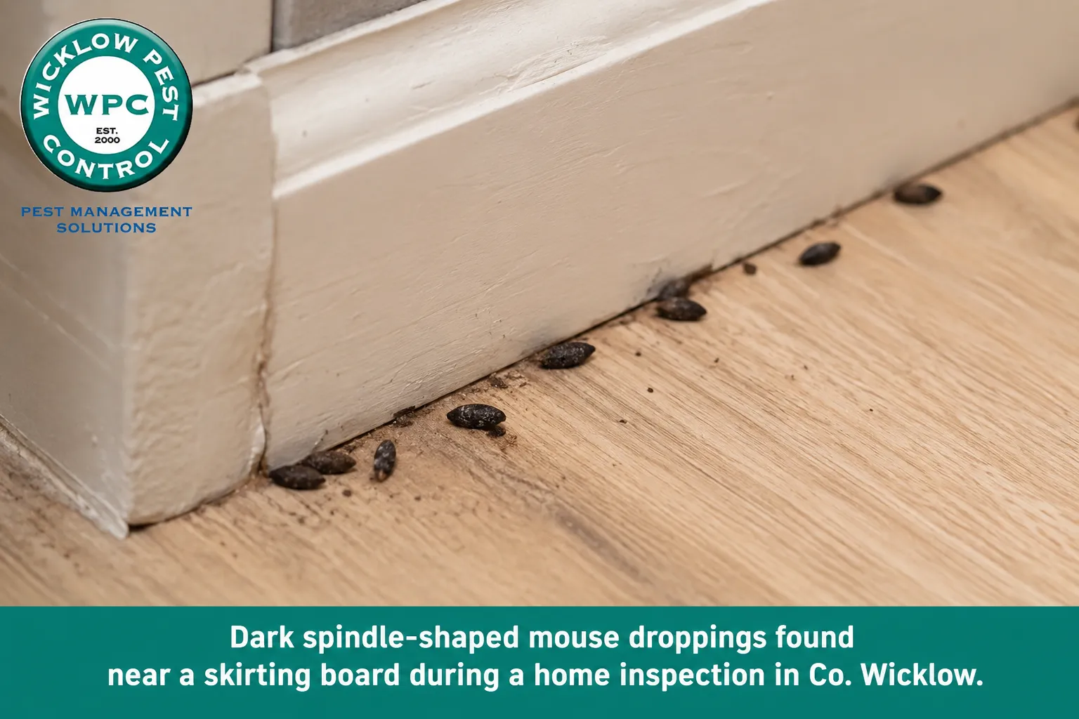 Dark spindle-shaped mouse droppings found near a skirting board during a home inspection in Co. Wicklow.