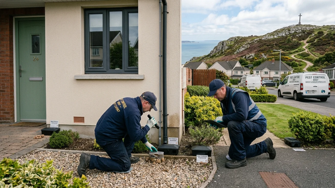 A pest control technician inspecting the exterior of a property near Bray Head for entry points and harbourage.