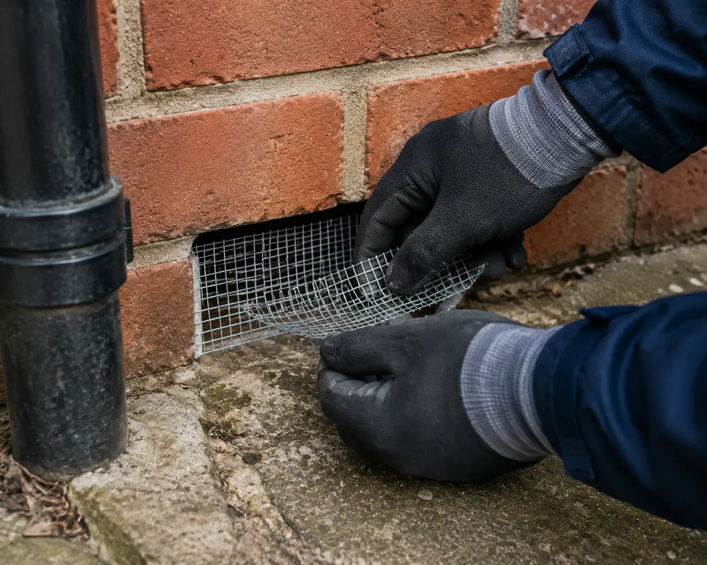 Close-up of a technician installing steel wire mesh into a small brickwork gap for rodent control and proofing in Arklow.