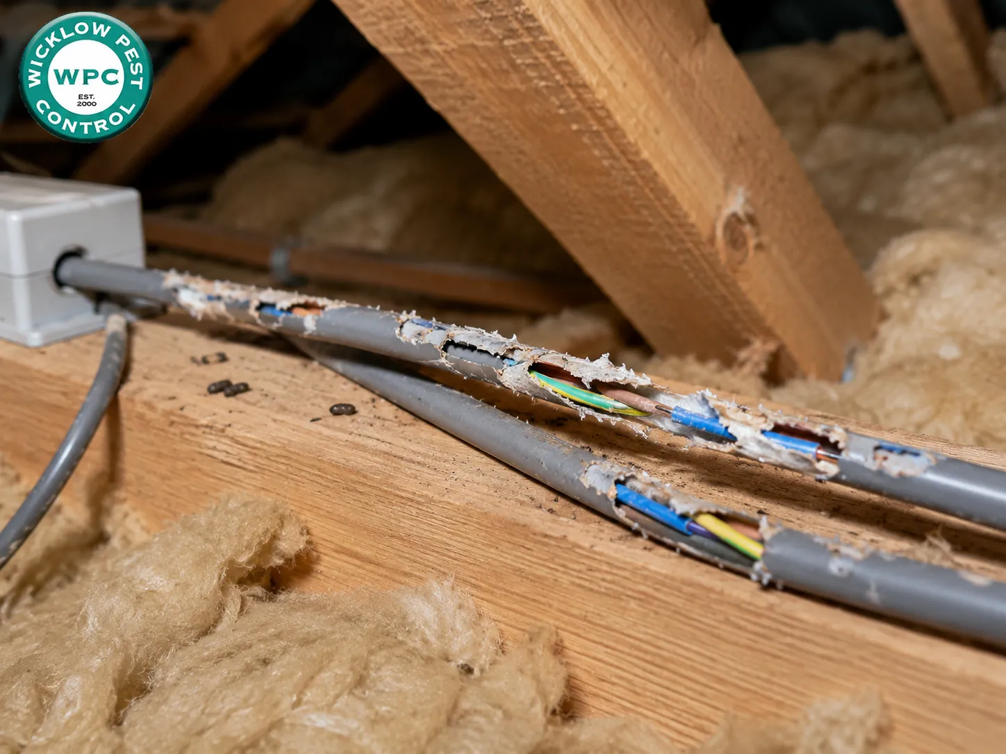 Severe gnaw marks on household electrical wiring caused by a mouse infestation in an Irish loft space.