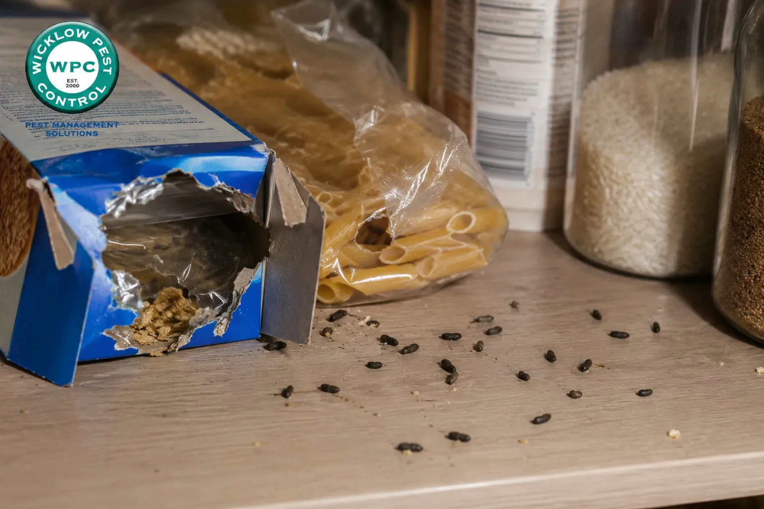 Signs of Mice in Your House: damaged food packaging and dark rodent droppings  