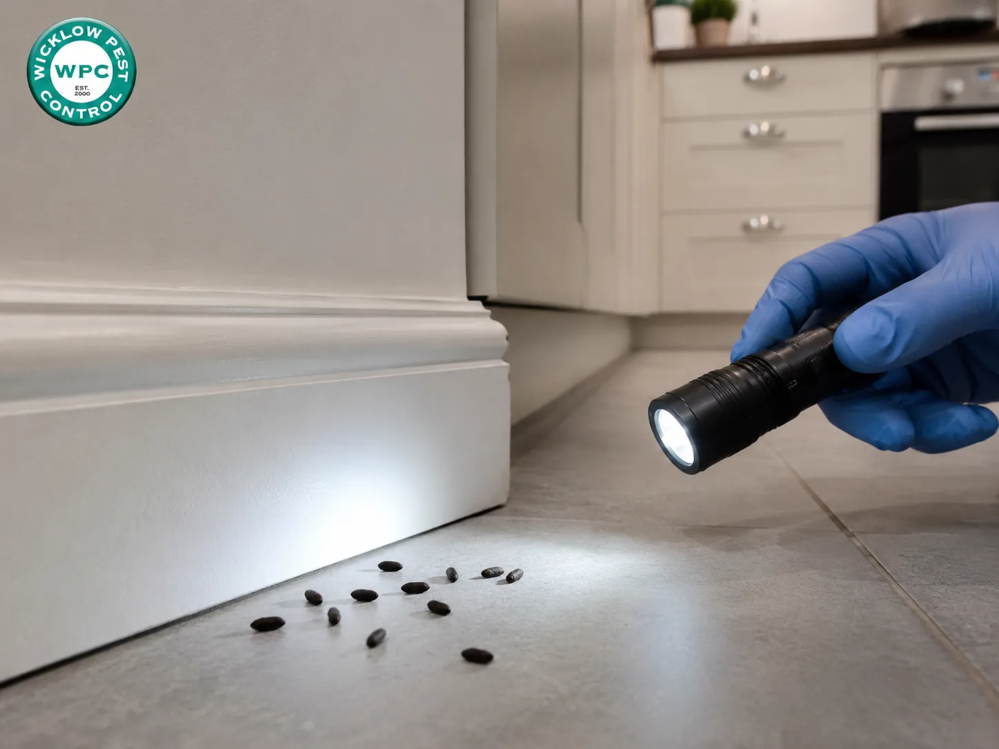 Identifying dark spindle-shaped mouse droppings along kitchen skirting boards in Ireland.