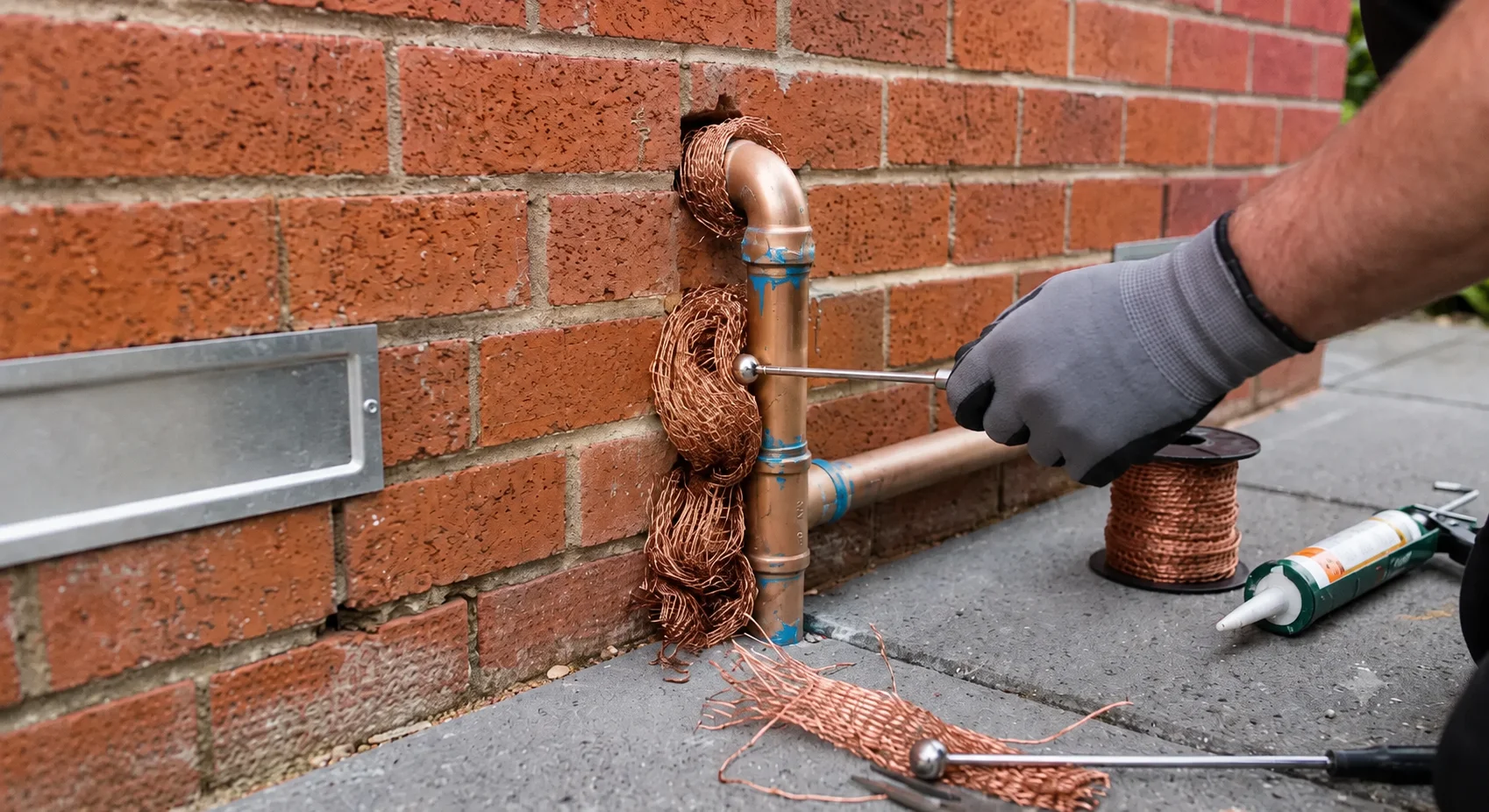Sealing pipe gaps with copper mesh