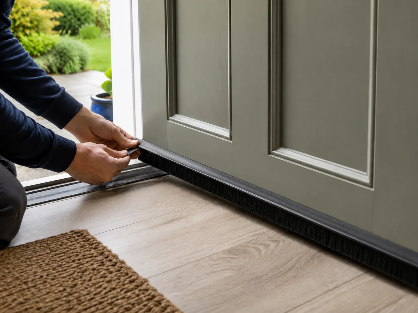 A homeowner installing door brush strips to demonstrate how to stop mice coming into house doors in Wicklow.